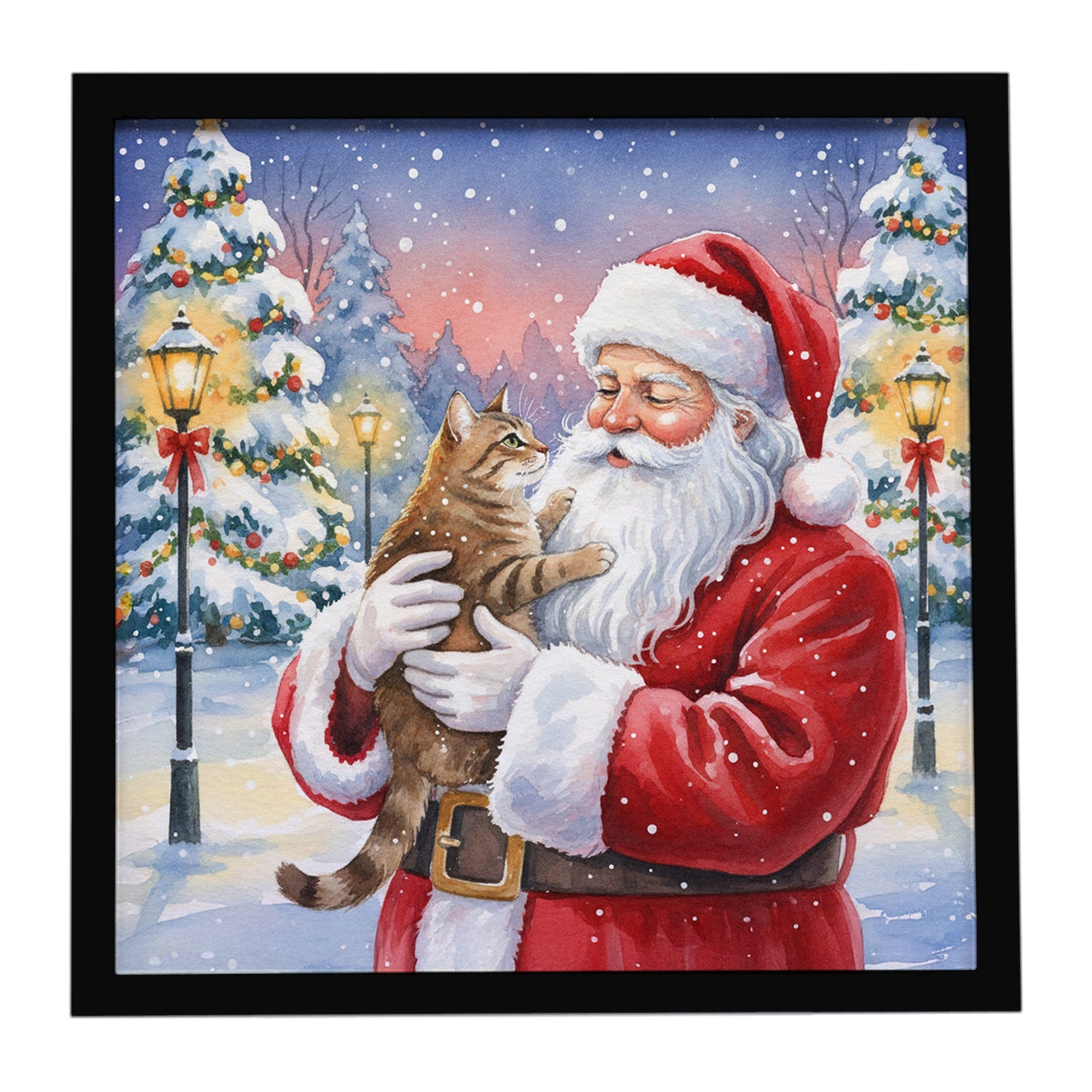 Ticked Tabby Brown Cat with Santa Claus Framed Metal Print Bathroom, Kitchen, Office, Home Decor Wall Art Ready to Hang, Square, 8X8
