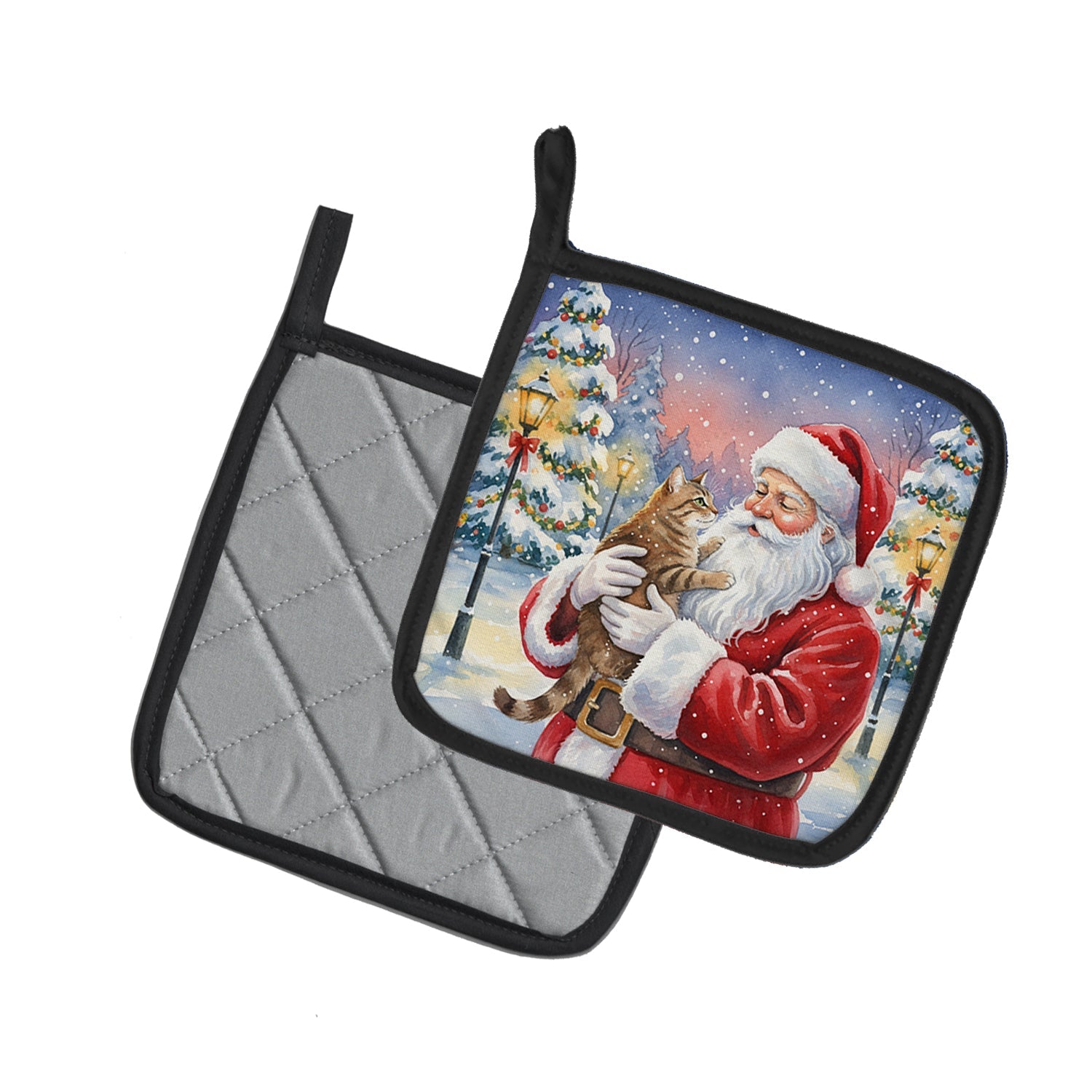 Ticked Tabby Brown Cat with Santa Claus Pot Holder Set of 2 Heat Resistant Quilted Hot Pads 7.5 x 7.5 Inch, Insulated Kitchen Trivets for Cooking & Baking