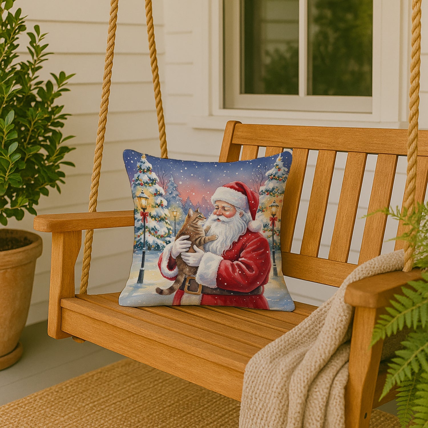 Ticked Tabby Brown Cat with Santa Claus Decorative Throw Pillow 18x18 Indoor Outdoor Accent Cushion, Fabric Cover with Insert for Sofa, Bed, Porch & Living Room