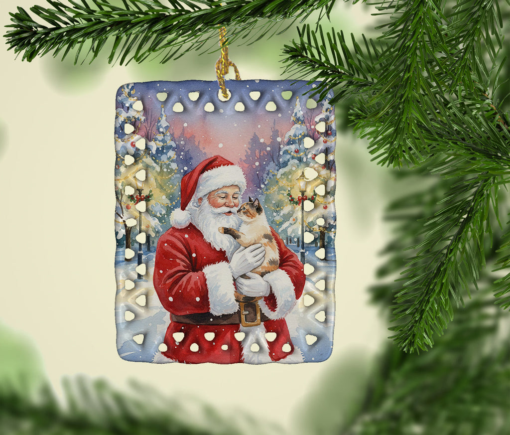 Tortie Point Cat with Santa Claus Porcelain Ornament Christmas Tree Hanging Decorations for Home Christmas Holiday, Rectangle, Gift, Multicolor