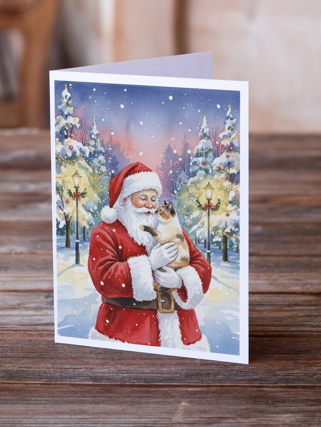 Tortie Point Cat with Santa Claus Greeting Cards Pack of 8 Blank Cards with Envelopes Whimsical A7 Size 5x7