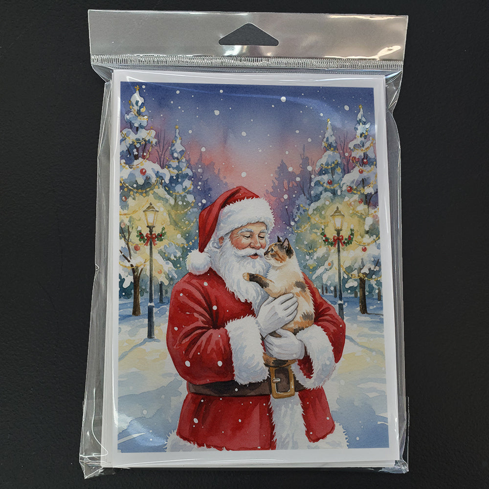 Tortie Point Cat with Santa Claus Greeting Cards Pack of 8 Blank Cards with Envelopes Whimsical A7 Size 5x7