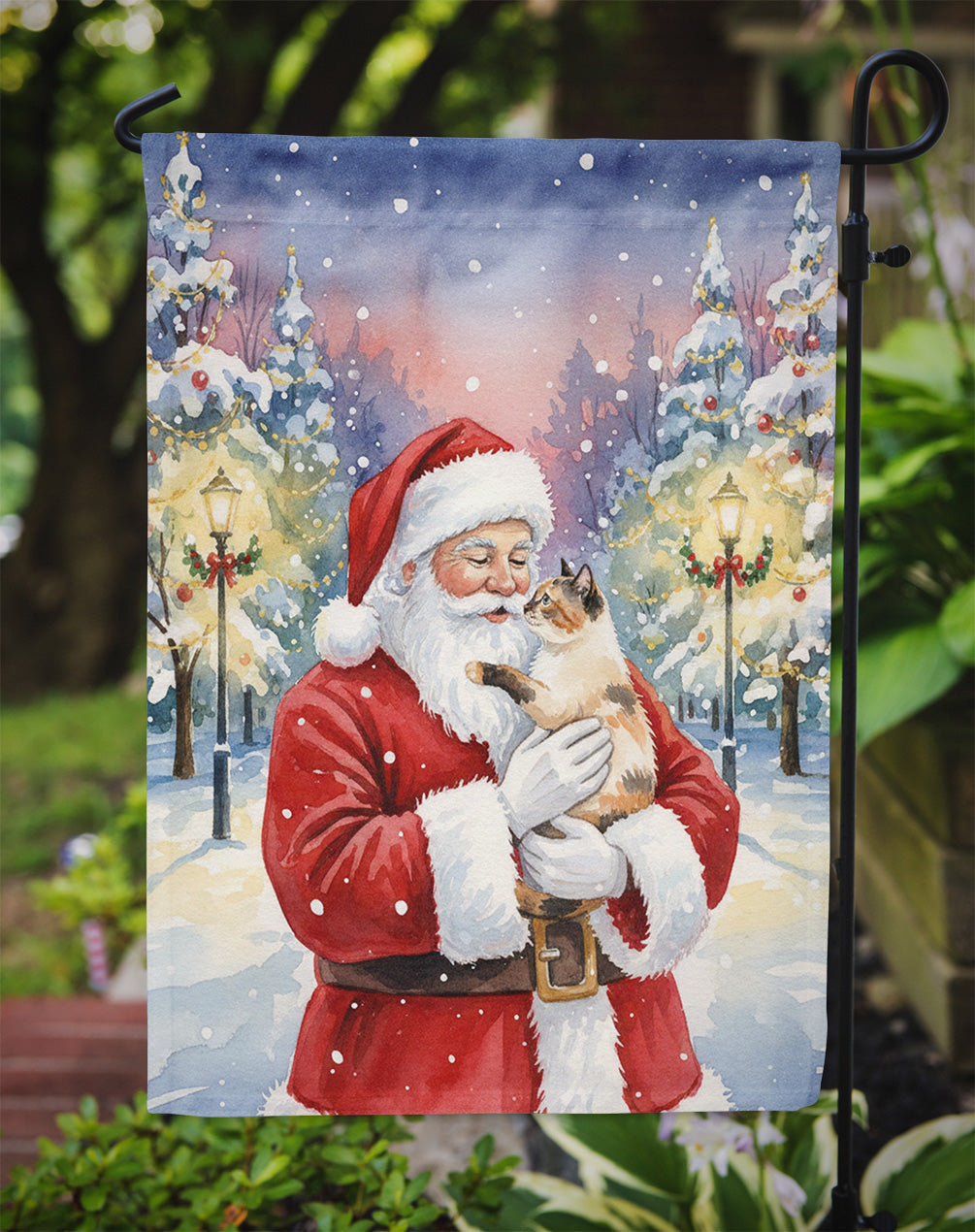 Tortie Point Cat with Santa Claus Garden Flag Mailbox Decorative Yard Banner Outside Patio Artwork for Flower Beds, Garden Size, Multicolor