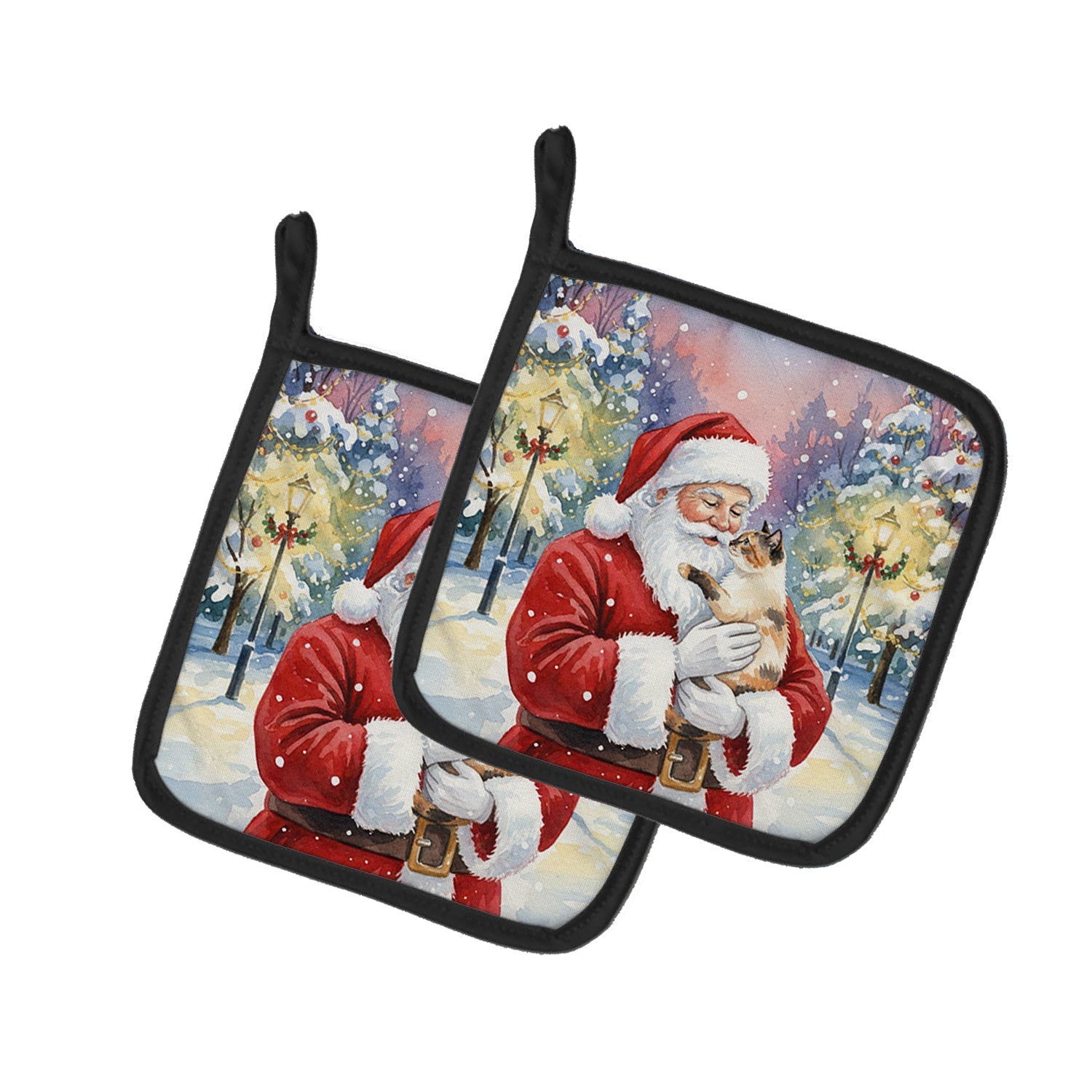 Tortie Point Cat with Santa Claus Pot Holder Set of 2 Heat Resistant Quilted Hot Pads 7.5 x 7.5 Inch, Insulated Kitchen Trivets for Cooking & Baking
