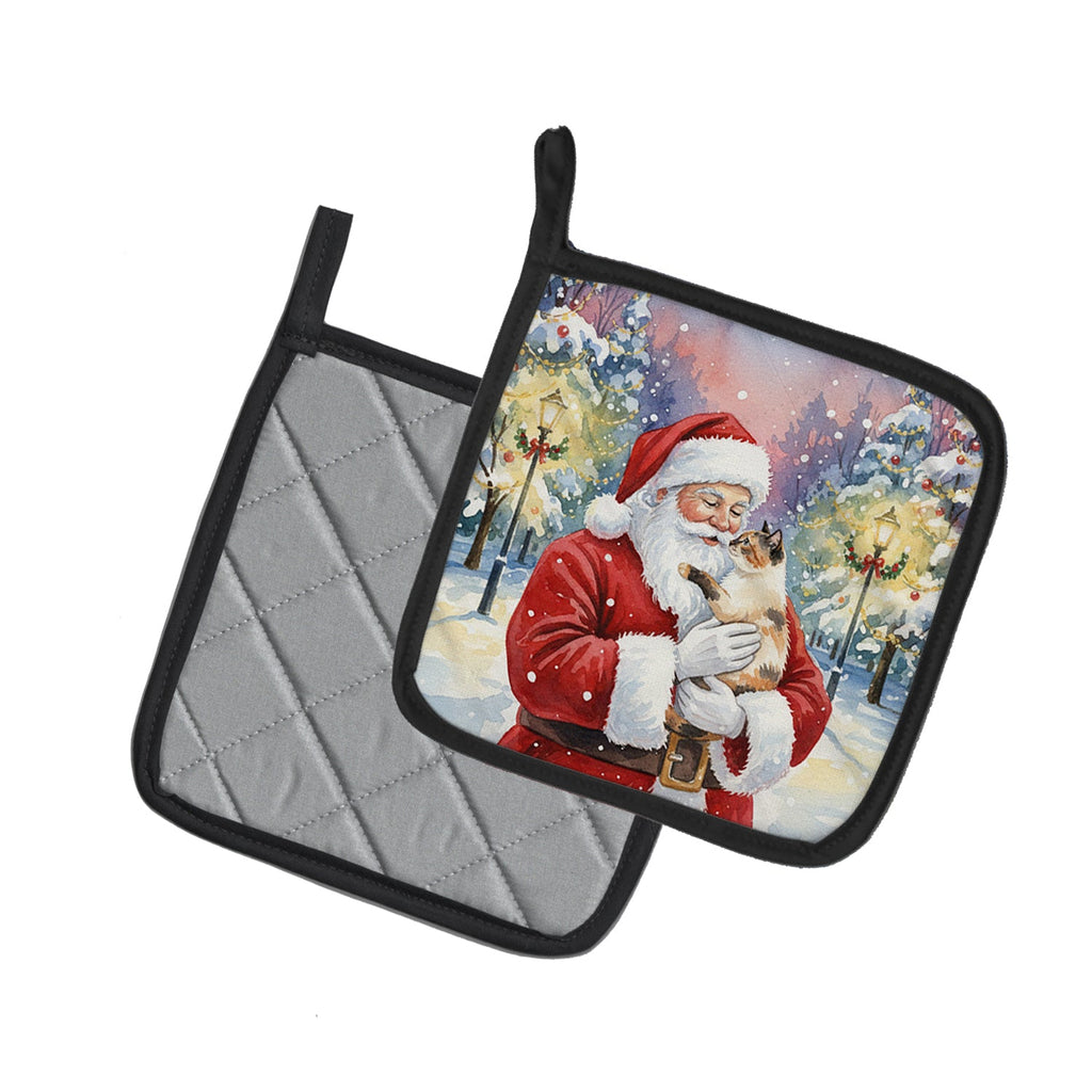 Tortie Point Cat with Santa Claus Pot Holder Set of 2 Heat Resistant Quilted Hot Pads 7.5 x 7.5 Inch, Insulated Kitchen Trivets for Cooking & Baking