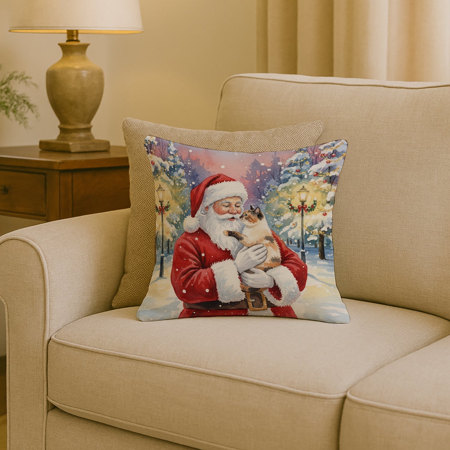 Tortie Point Cat with Santa Claus Decorative Throw Pillow 18x18 Indoor Outdoor Accent Cushion, Fabric Cover with Insert for Sofa, Bed, Porch & Living Room