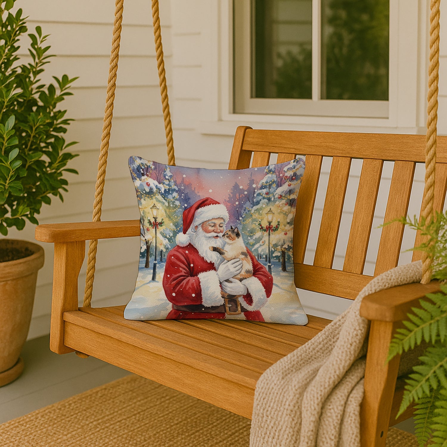Tortie Point Cat with Santa Claus Decorative Throw Pillow 18x18 Indoor Outdoor Accent Cushion, Fabric Cover with Insert for Sofa, Bed, Porch & Living Room