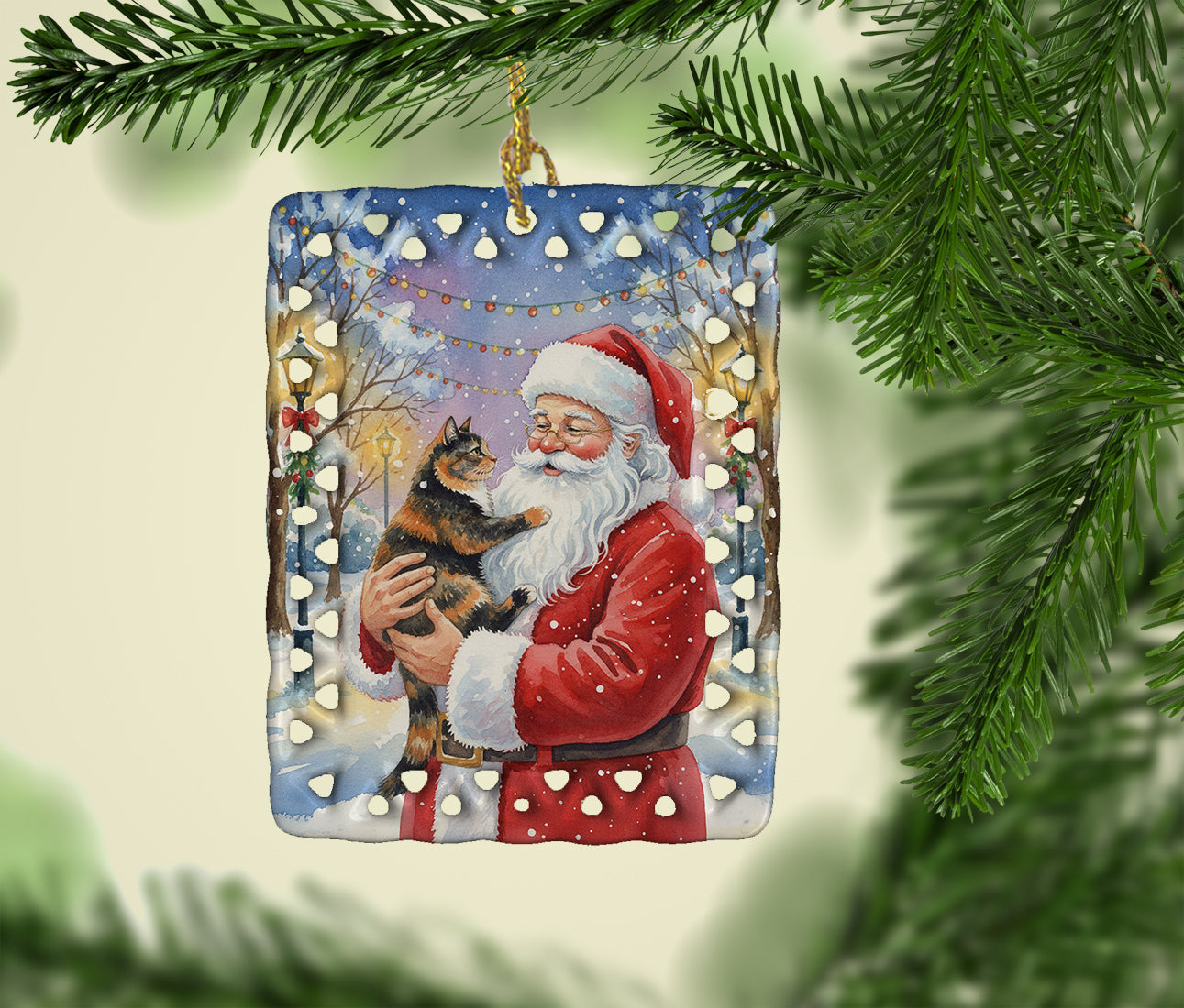 Tortoiseshell Cat with Santa Claus Porcelain Ornament Christmas Tree Hanging Decorations for Home Christmas Holiday, Rectangle, Gift, Multicolor