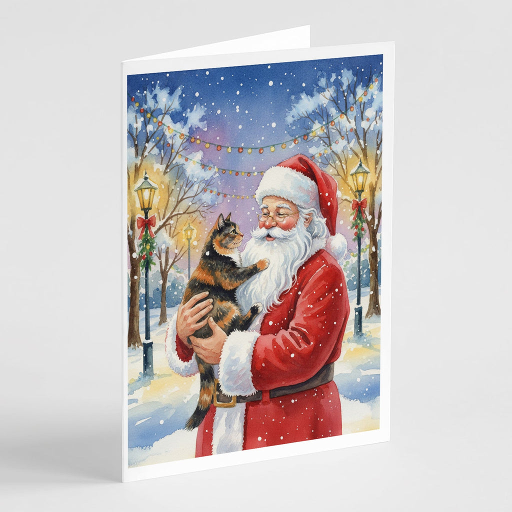 Tortoiseshell Cat with Santa Claus Greeting Cards Pack of 8 Blank Cards with Envelopes Whimsical A7 Size 5x7