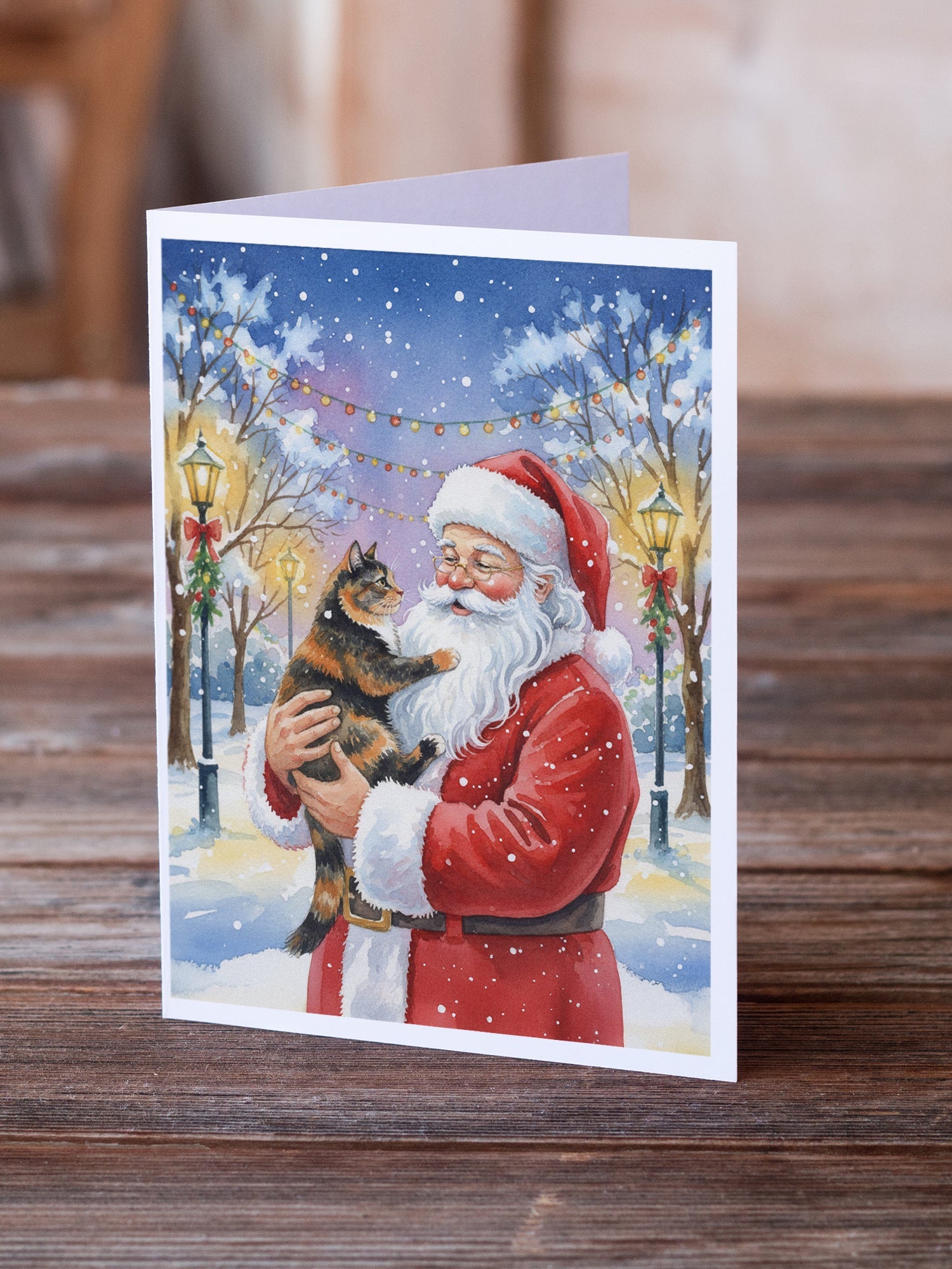 Tortoiseshell Cat with Santa Claus Greeting Cards Pack of 8 Blank Cards with Envelopes Whimsical A7 Size 5x7