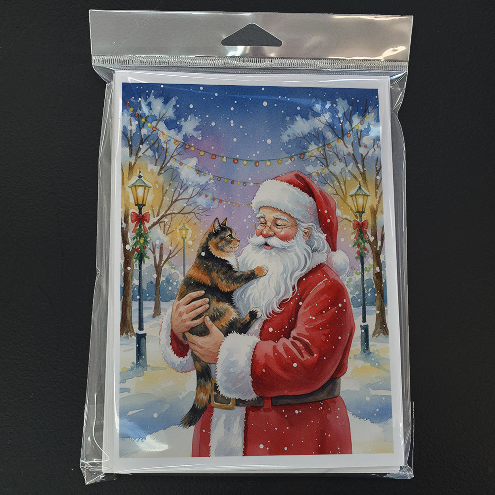 Tortoiseshell Cat with Santa Claus Greeting Cards Pack of 8 Blank Cards with Envelopes Whimsical A7 Size 5x7