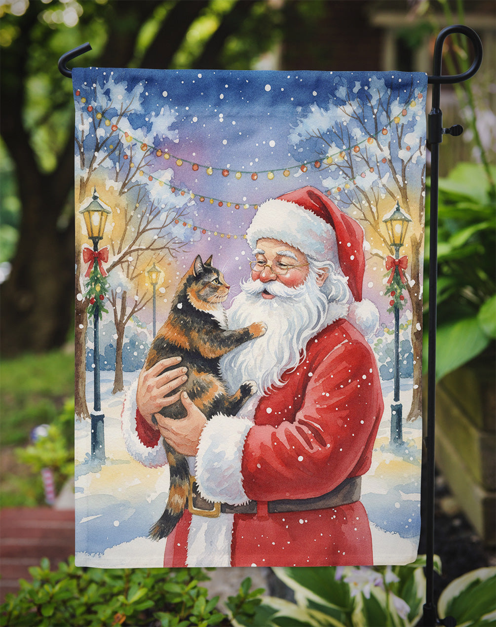 Tortoiseshell Cat with Santa Claus Garden Flag Mailbox Decorative Yard Banner Outside Patio Artwork for Flower Beds, Garden Size, Multicolor