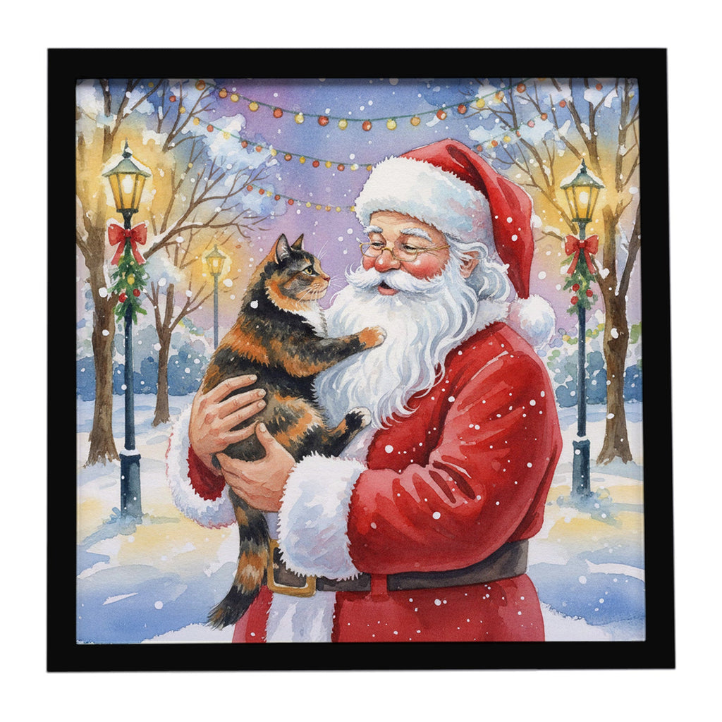 Tortoiseshell Cat with Santa Claus Framed Metal Print Bathroom, Kitchen, Office, Home Decor Wall Art Ready to Hang, Square, 8X8