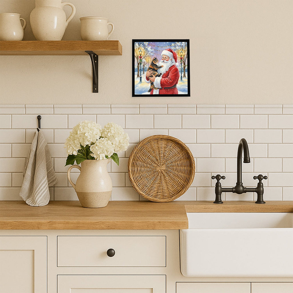 Tortoiseshell Cat with Santa Claus Framed Metal Print Bathroom, Kitchen, Office, Home Decor Wall Art Ready to Hang, Square, 8X8