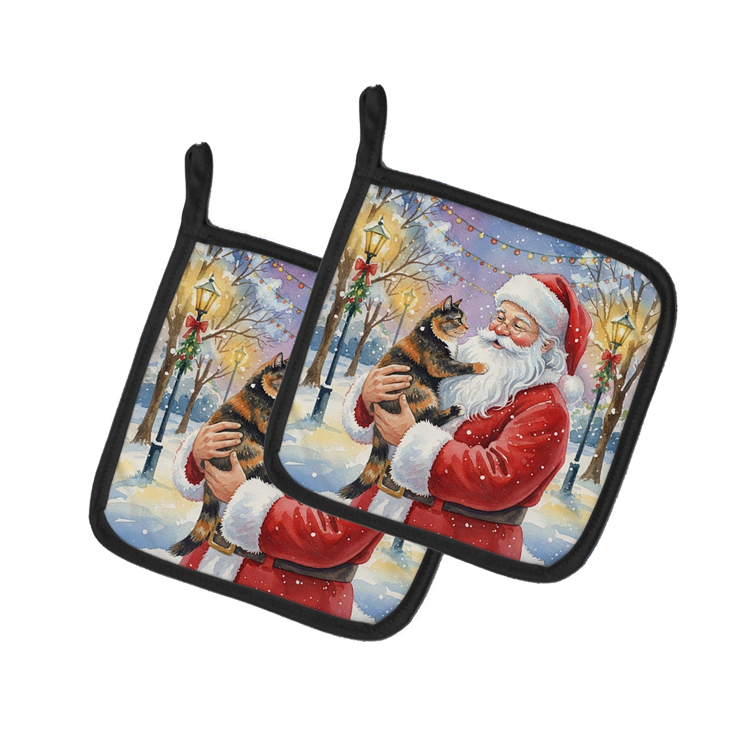 Tortoiseshell Cat with Santa Claus Pot Holder Set of 2 Heat Resistant Quilted Hot Pads 7.5 x 7.5 Inch, Insulated Kitchen Trivets for Cooking & Baking