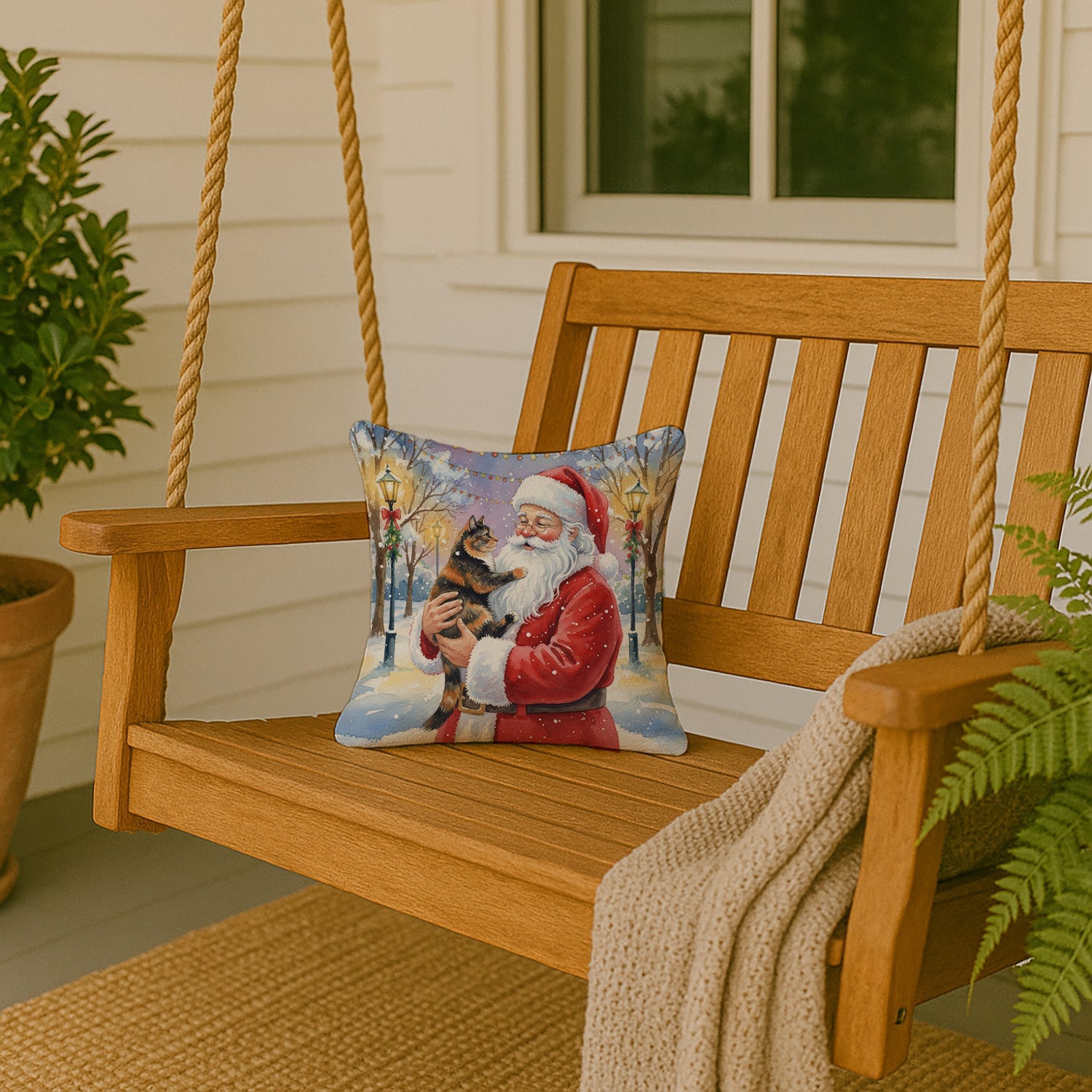 Tortoiseshell Cat with Santa Claus Decorative Throw Pillow 14x14 Indoor Outdoor Accent Cushion, Fabric Cover with Insert for Sofa, Bed, Porch & Living Room