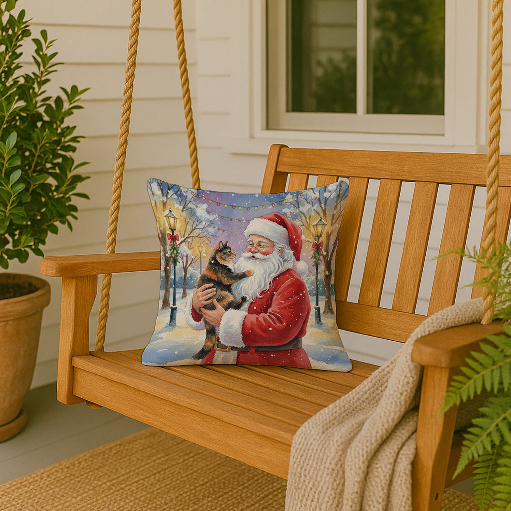 Tortoiseshell Cat with Santa Claus Decorative Throw Pillow 18x18 Indoor Outdoor Accent Cushion, Fabric Cover with Insert for Sofa, Bed, Porch & Living Room