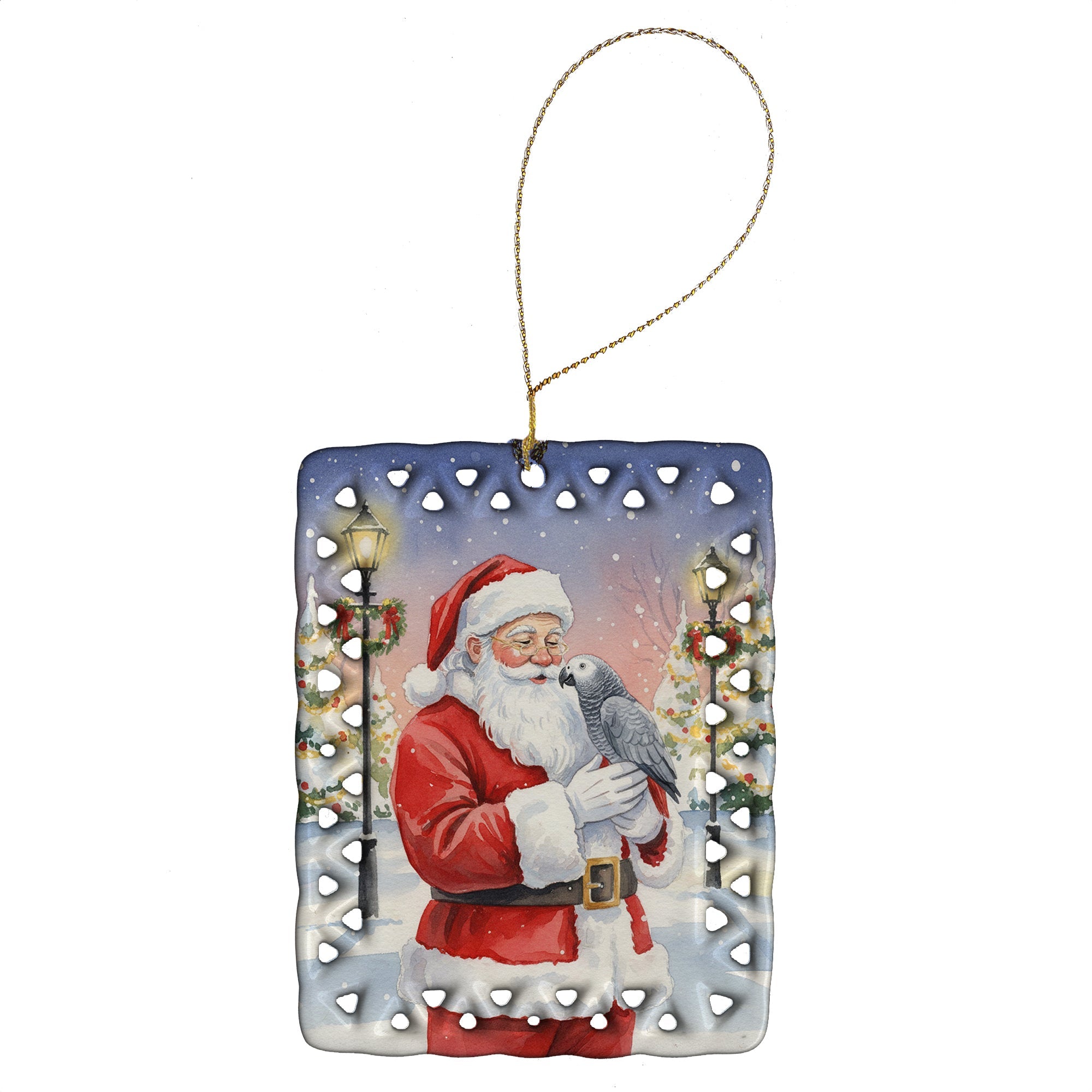 African Grey Parrot with Santa Claus Porcelain Ornament Christmas Tree Hanging Decorations for Home Christmas Holiday, Rectangle, Gift, Multicolor