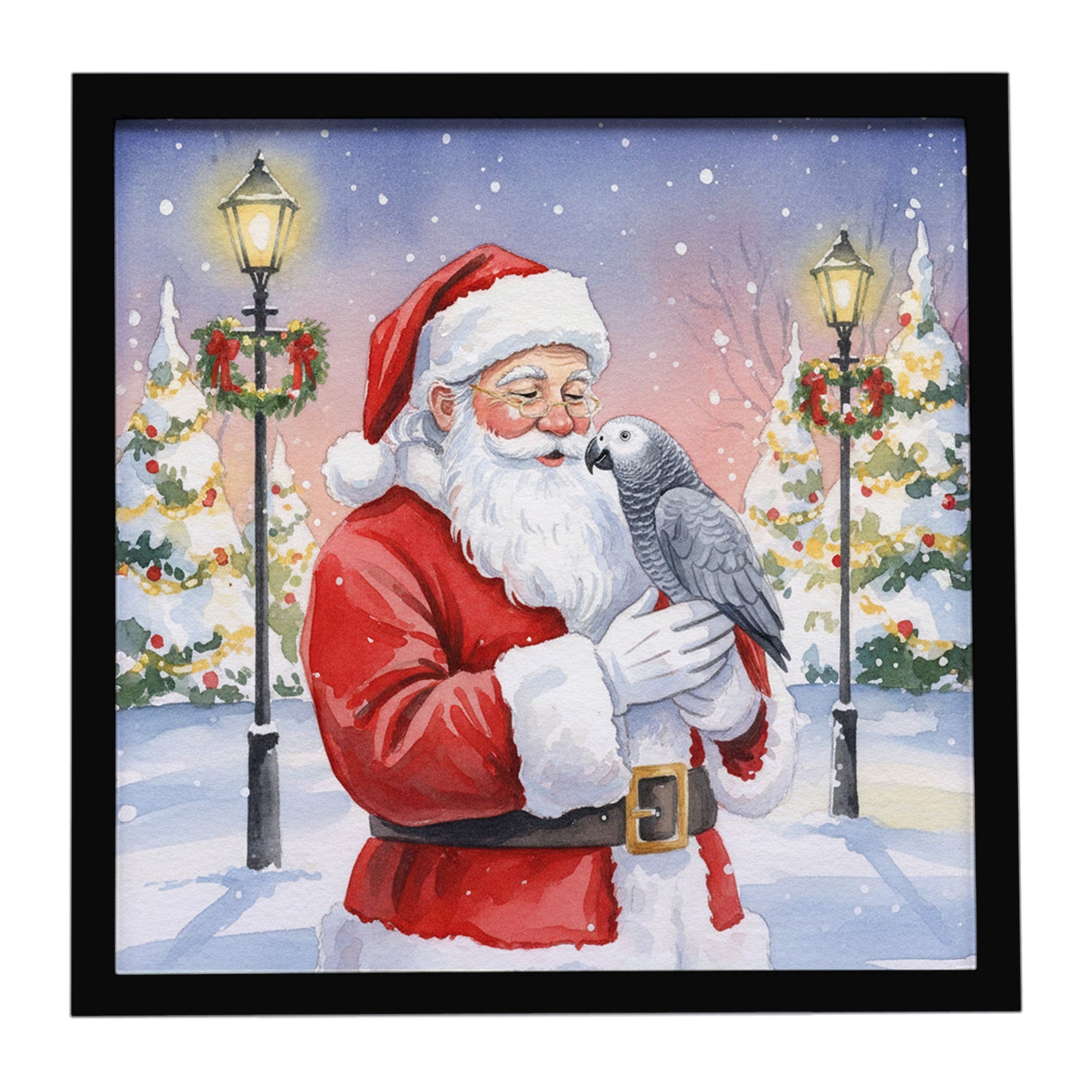 African Grey Parrot with Santa Claus Framed Metal Print Bathroom, Kitchen, Office, Home Decor Wall Art Ready to Hang, Square, 8X8