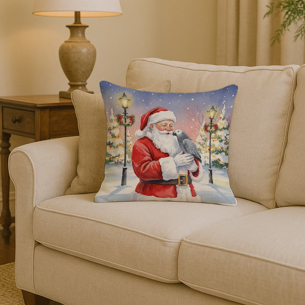 African Grey Parrot with Santa Claus Decorative Throw Pillow 14x14 Indoor Outdoor Accent Cushion, Fabric Cover with Insert for Sofa, Bed, Porch & Living Room