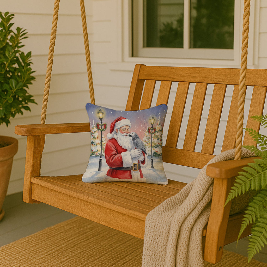 African Grey Parrot with Santa Claus Decorative Throw Pillow 14x14 Indoor Outdoor Accent Cushion, Fabric Cover with Insert for Sofa, Bed, Porch & Living Room