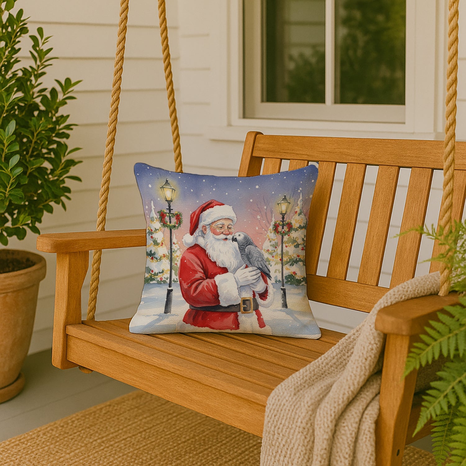 African Grey Parrot with Santa Claus Decorative Throw Pillow 18x18 Indoor Outdoor Accent Cushion, Fabric Cover with Insert for Sofa, Bed, Porch & Living Room