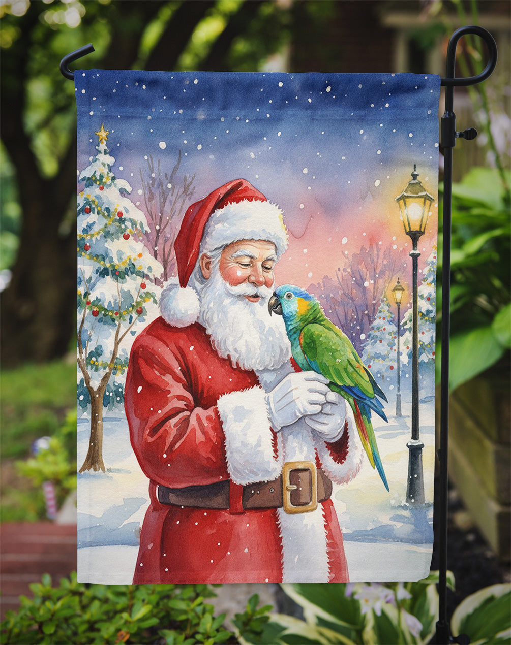 Amazon Parrot with Santa Claus Garden Flag Mailbox Decorative Yard Banner Outside Patio Artwork for Flower Beds, Garden Size, Multicolor