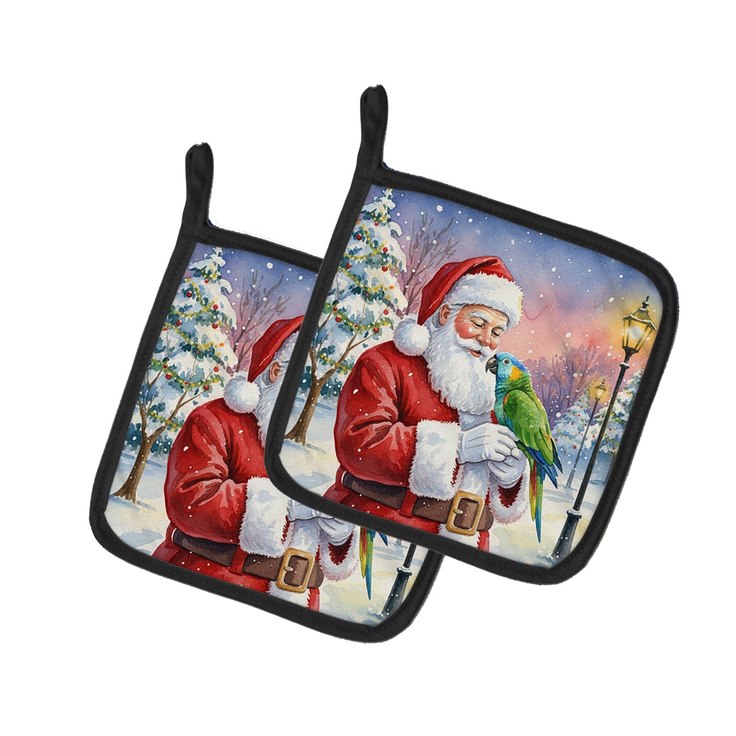 Amazon Parrot with Santa Claus Pot Holder Set of 2 Heat Resistant Quilted Hot Pads 7.5 x 7.5 Inch, Insulated Kitchen Trivets for Cooking & Baking