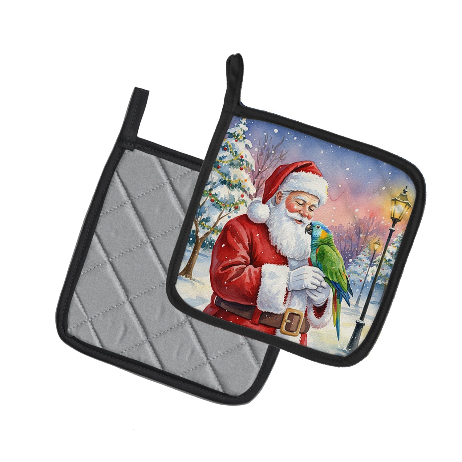 Amazon Parrot with Santa Claus Pot Holder Set of 2 Heat Resistant Quilted Hot Pads 7.5 x 7.5 Inch, Insulated Kitchen Trivets for Cooking & Baking