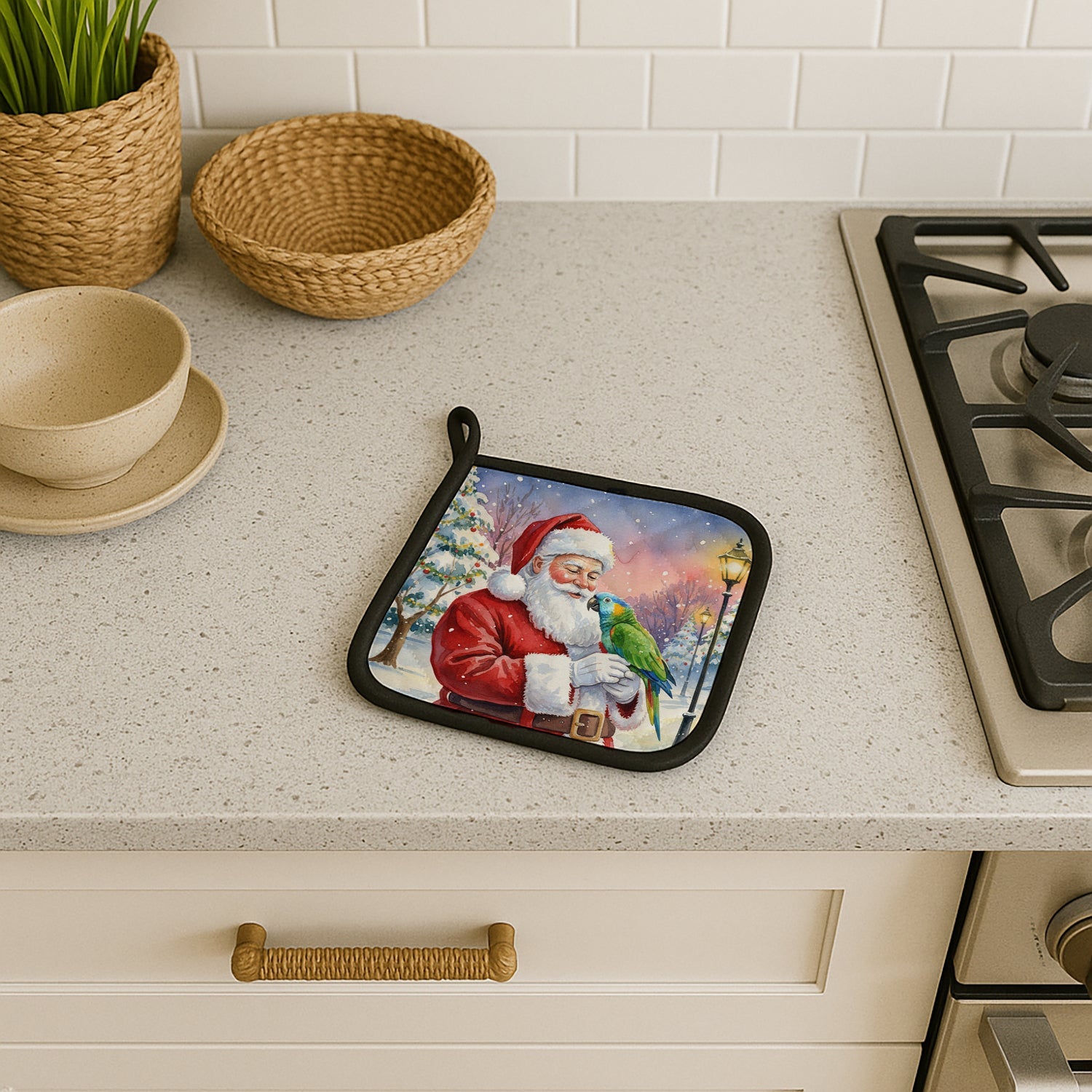 Amazon Parrot with Santa Claus Pot Holder Set of 2 Heat Resistant Quilted Hot Pads 7.5 x 7.5 Inch, Insulated Kitchen Trivets for Cooking & Baking