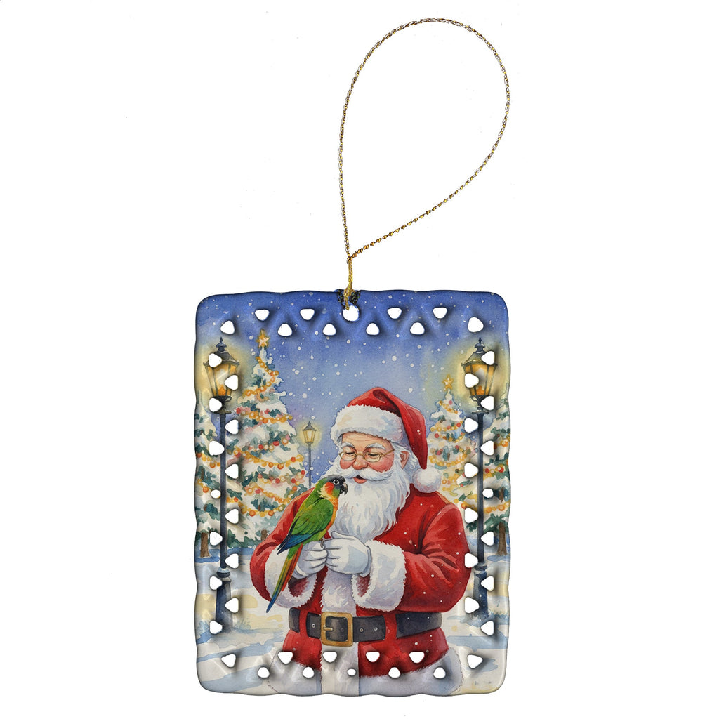 Black-Headed Caique with Santa Claus Porcelain Ornament Christmas Tree Hanging Decorations for Home Christmas Holiday, Rectangle, Gift, Multicolor