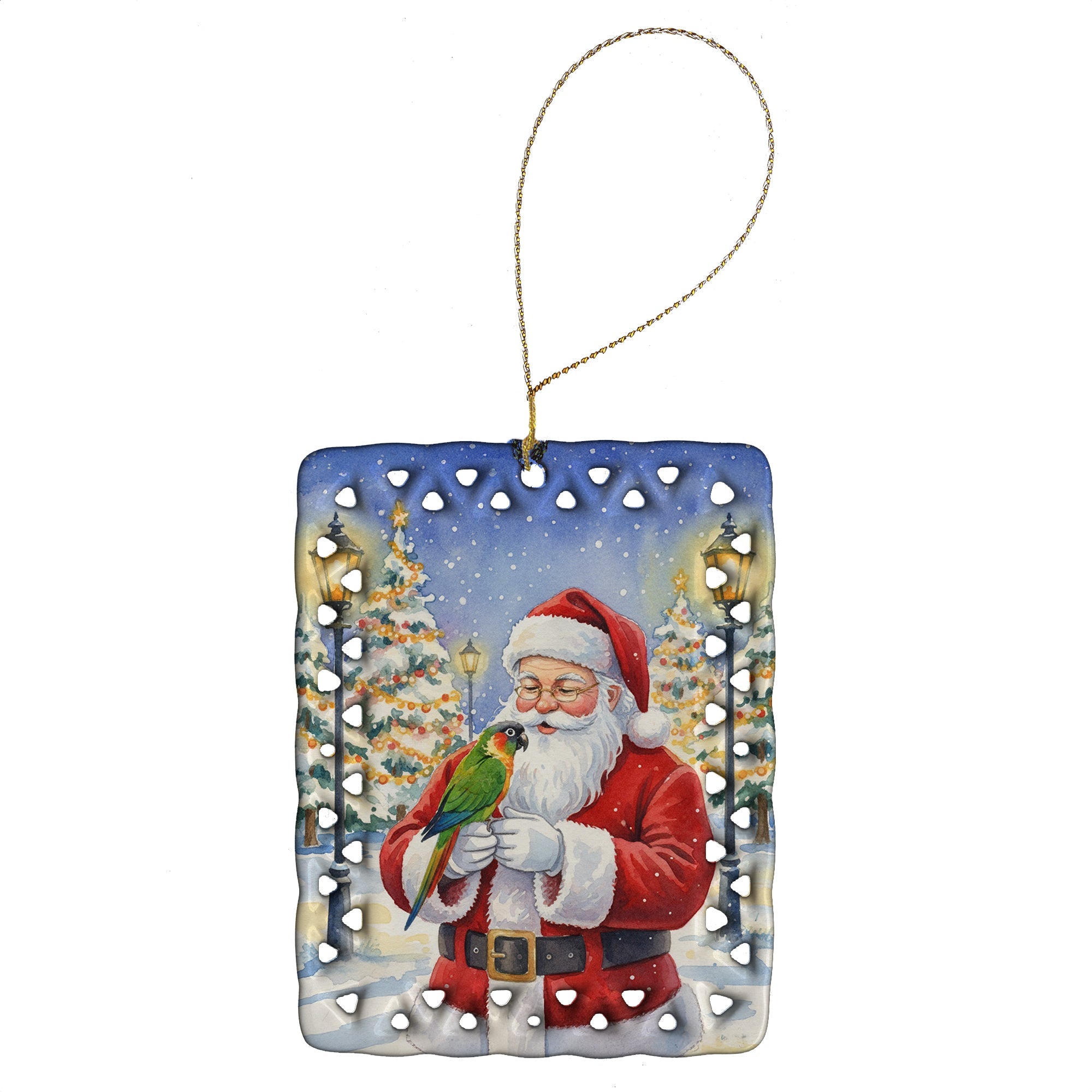 Black-Headed Caique with Santa Claus Porcelain Ornament Christmas Tree Hanging Decorations for Home Christmas Holiday, Rectangle, Gift, Multicolor