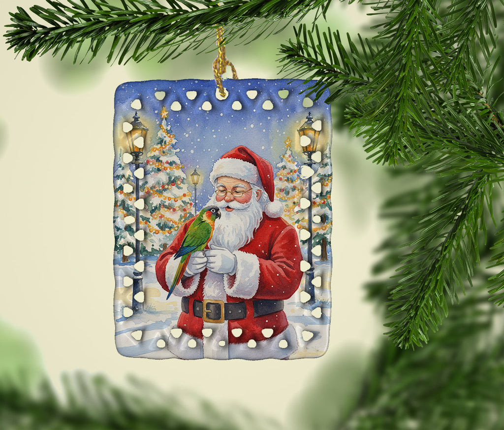 Black-Headed Caique with Santa Claus Porcelain Ornament Christmas Tree Hanging Decorations for Home Christmas Holiday, Rectangle, Gift, Multicolor