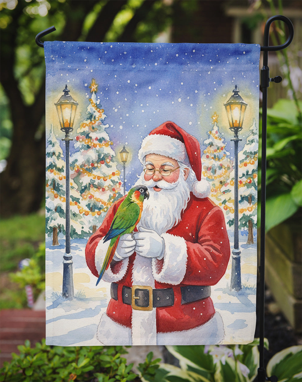 Black-Headed Caique with Santa Claus Garden Flag Mailbox Decorative Yard Banner Outside Patio Artwork for Flower Beds, Garden Size, Multicolor