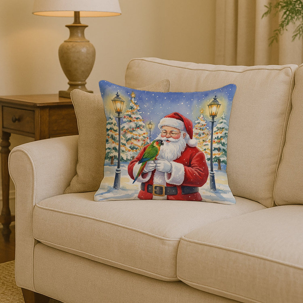 Black-Headed Caique with Santa Claus Decorative Throw Pillow 14x14 Indoor Outdoor Accent Cushion, Fabric Cover with Insert for Sofa, Bed, Porch & Living Room