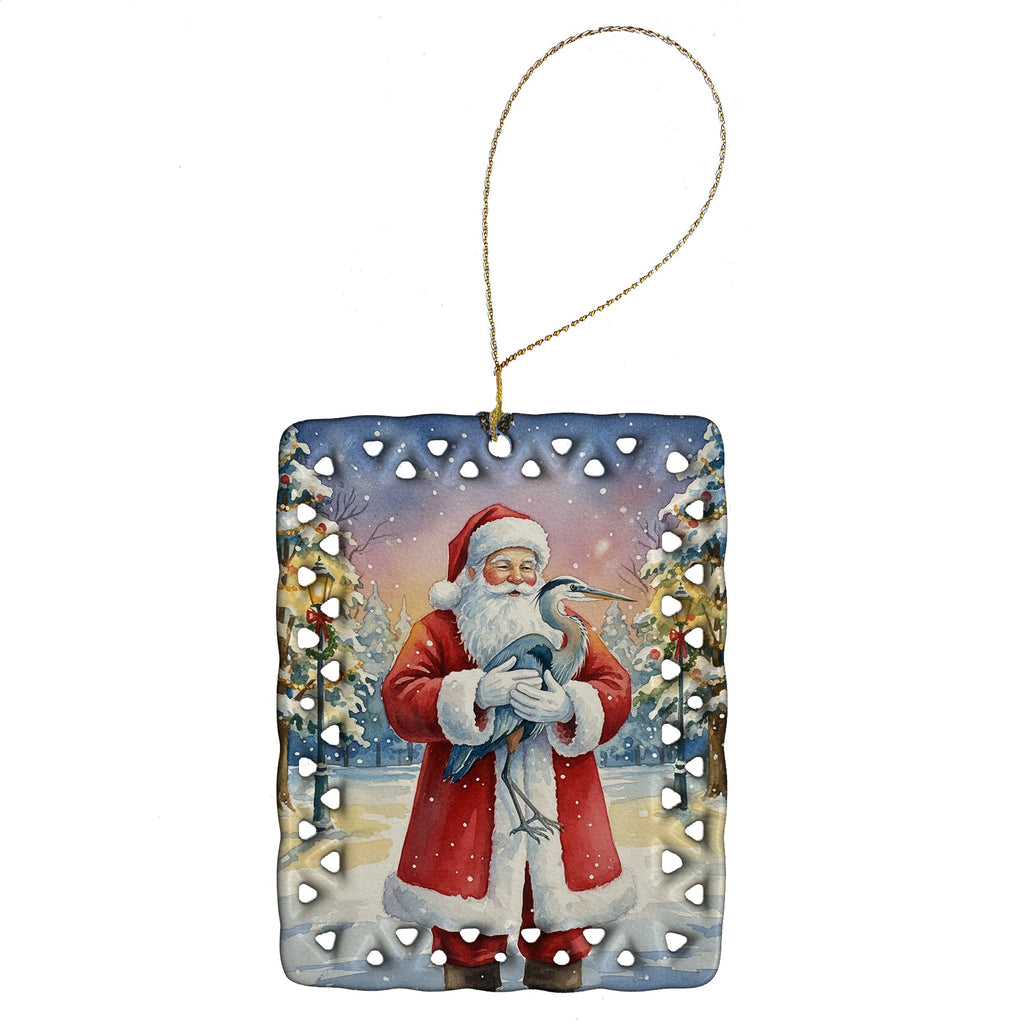Blue Heron with Santa Claus Porcelain Ornament Christmas Tree Hanging Decorations for Home Christmas Holiday, Rectangle, Gift, Multicolor