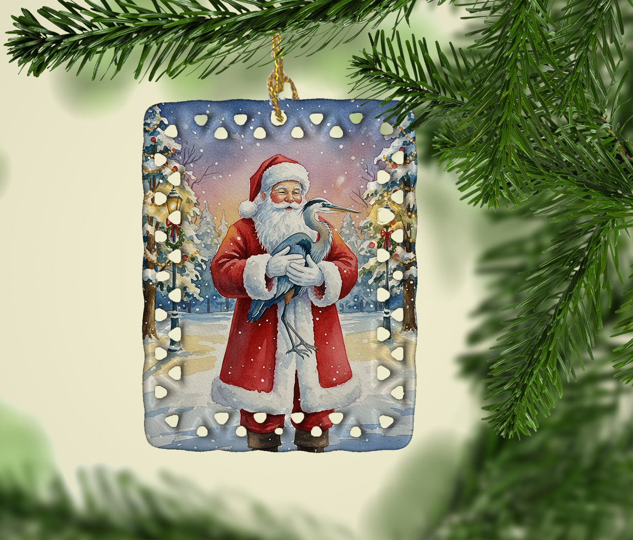 Blue Heron with Santa Claus Porcelain Ornament Christmas Tree Hanging Decorations for Home Christmas Holiday, Rectangle, Gift, Multicolor