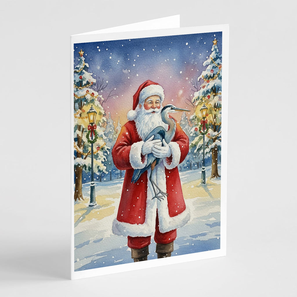 Blue Heron with Santa Claus Greeting Cards Pack of 8 Blank Cards with Envelopes Whimsical A7 Size 5x7