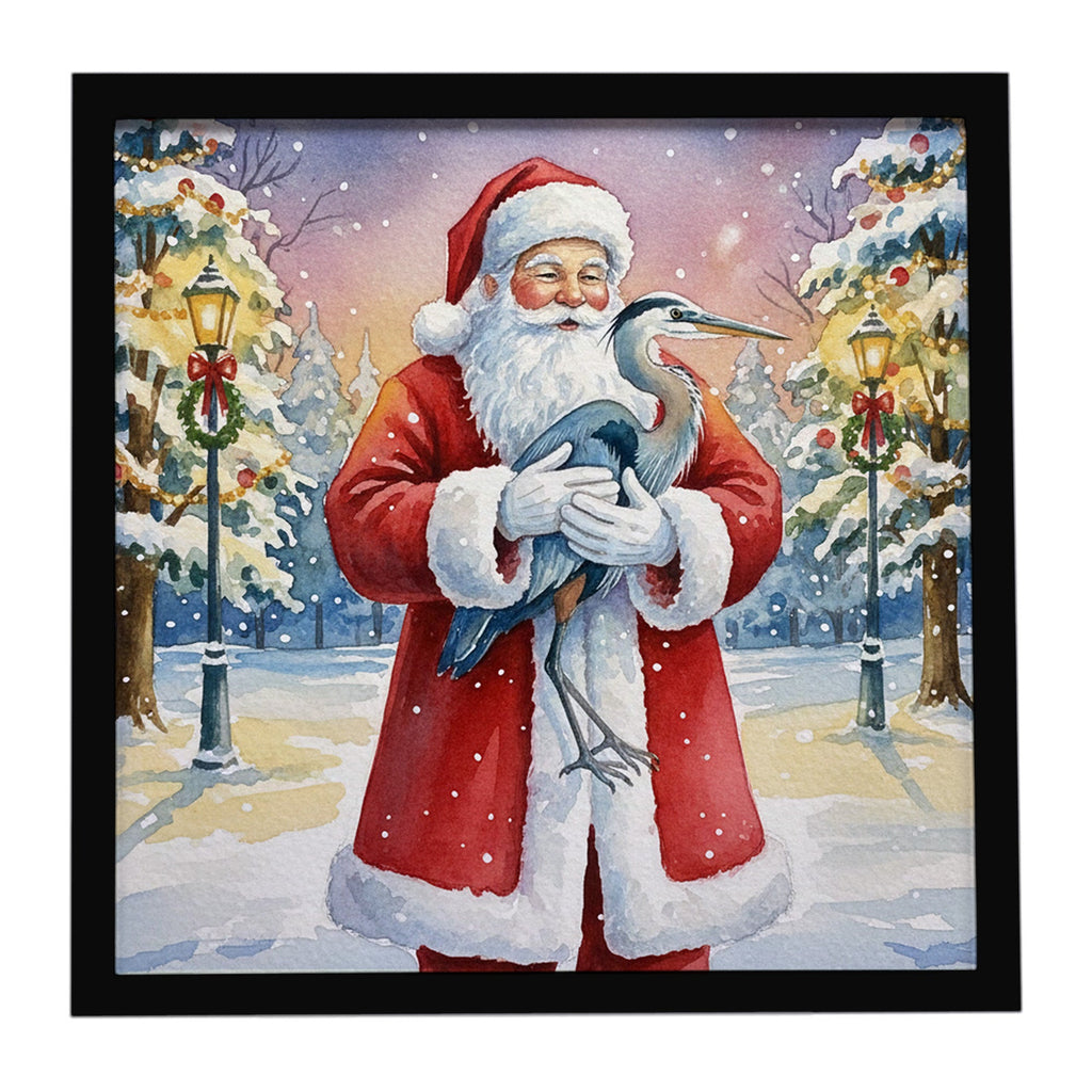 Blue Heron with Santa Claus Framed Metal Print Bathroom, Kitchen, Office, Home Decor Wall Art Ready to Hang, Square, 8X8