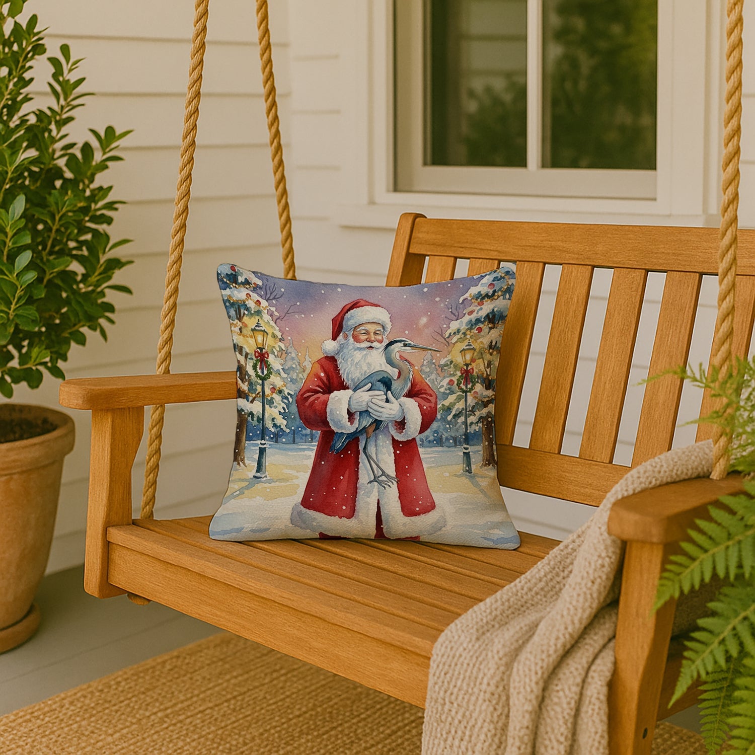 Blue Heron with Santa Claus Decorative Throw Pillow 18x18 Indoor Outdoor Accent Cushion, Fabric Cover with Insert for Sofa, Bed, Porch & Living Room
