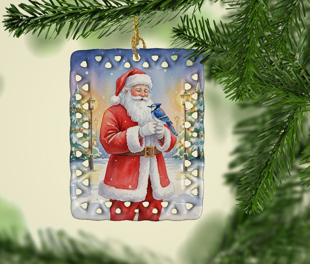Blue Jay with Santa Claus Porcelain Ornament Christmas Tree Hanging Decorations for Home Christmas Holiday, Rectangle, Gift, Multicolor