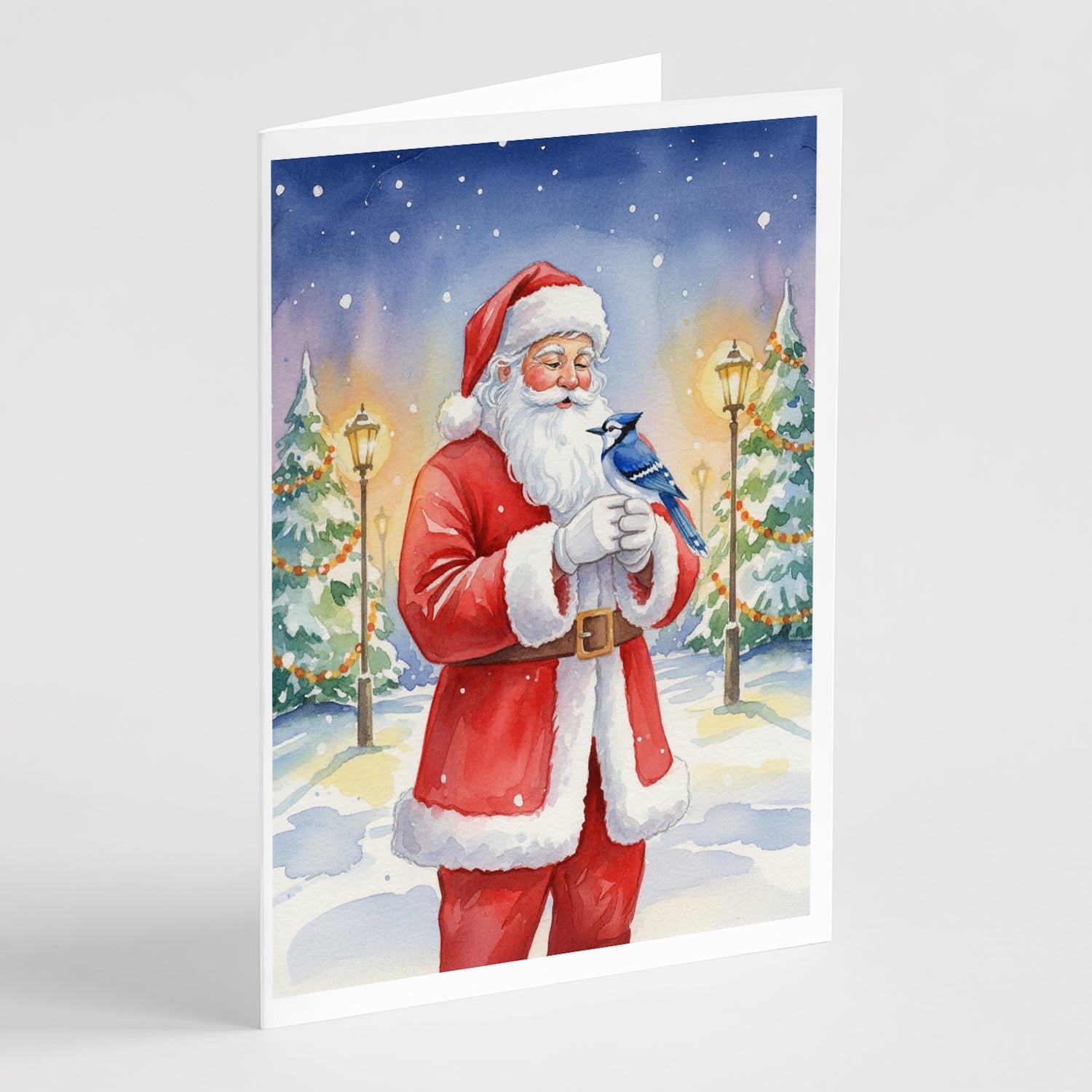 Blue Jay with Santa Claus Greeting Cards Pack of 8 Blank Cards with Envelopes Whimsical A7 Size 5x7
