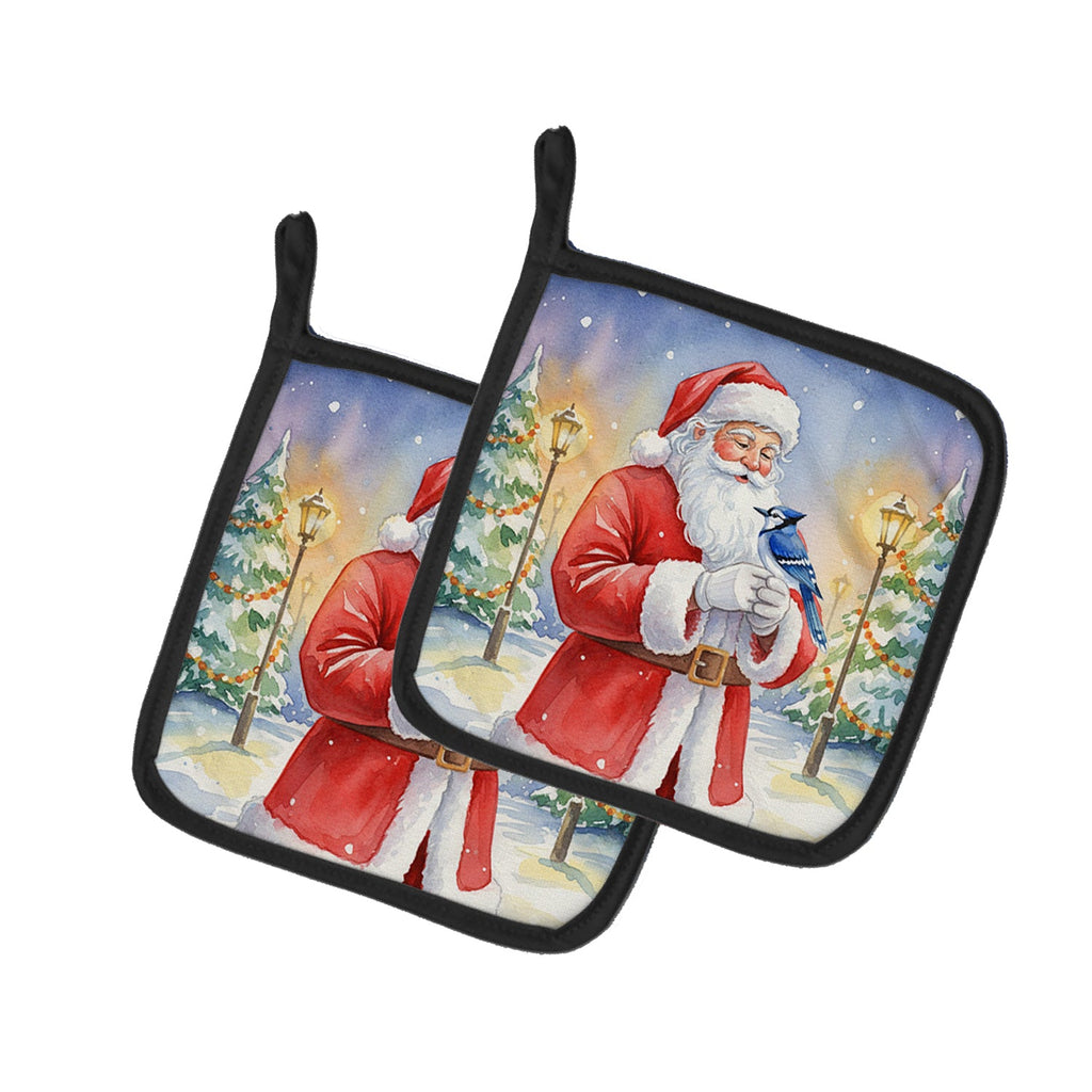 Blue Jay with Santa Claus Pot Holder Set of 2 Heat Resistant Quilted Hot Pads 7.5 x 7.5 Inch, Insulated Kitchen Trivets for Cooking & Baking