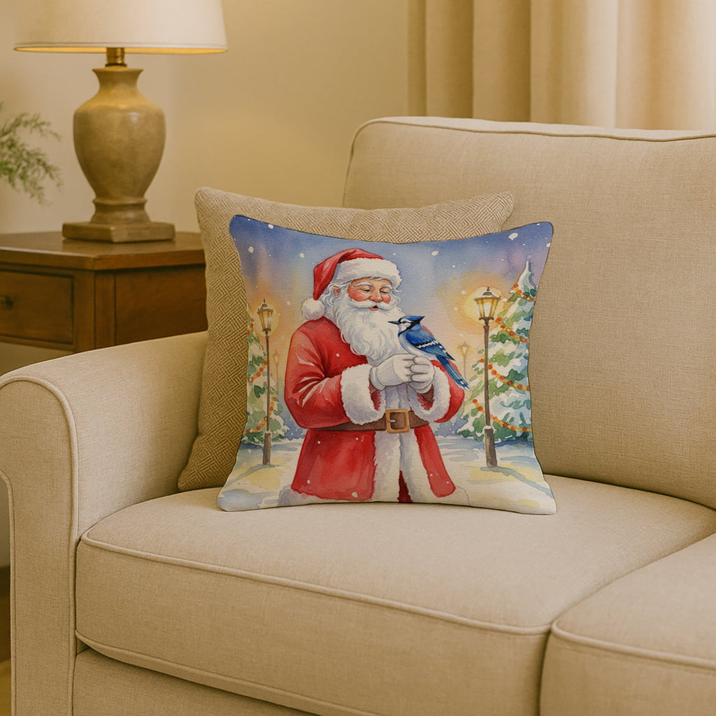 Blue Jay with Santa Claus Decorative Throw Pillow 18x18 Indoor Outdoor Accent Cushion, Fabric Cover with Insert for Sofa, Bed, Porch & Living Room