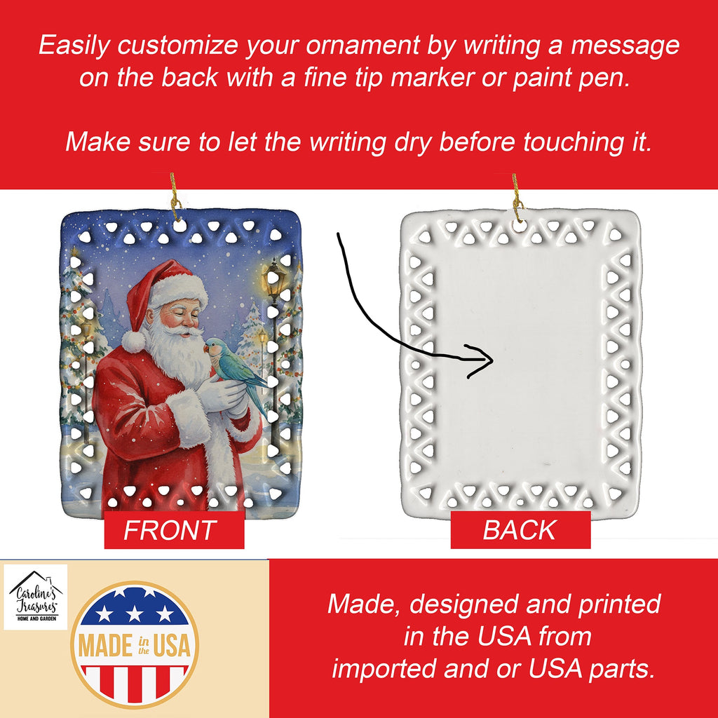 Blue Quaker with Santa Claus Porcelain Ornament Christmas Tree Hanging Decorations for Home Christmas Holiday, Rectangle, Gift, Multicolor