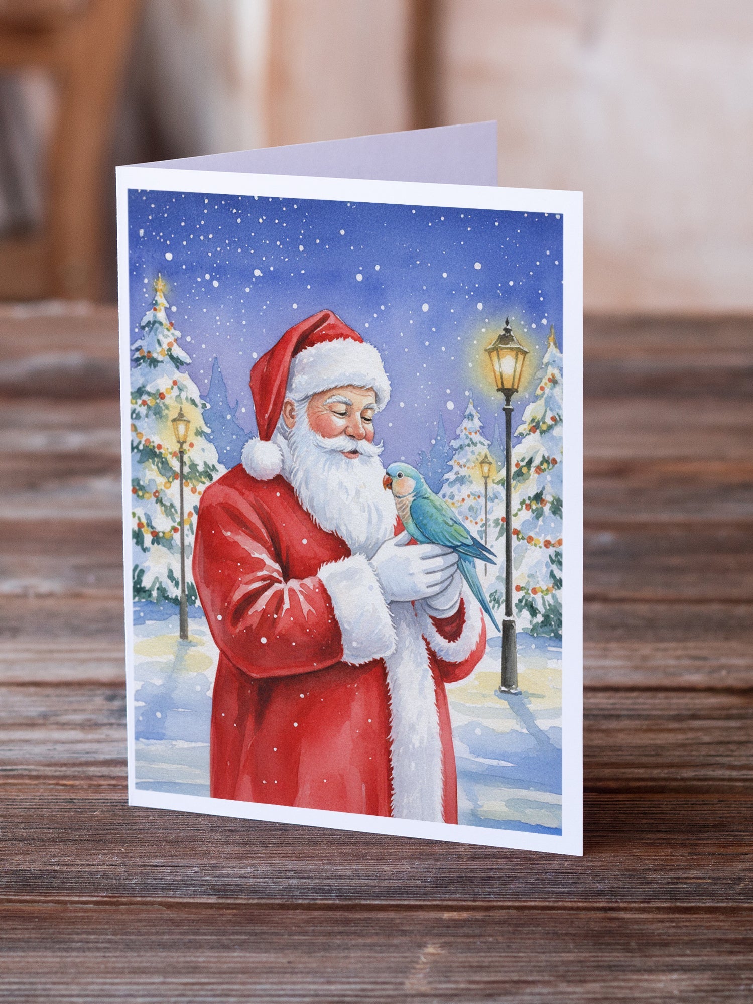 Blue Quaker with Santa Claus Greeting Cards Pack of 8 Blank Cards with Envelopes Whimsical A7 Size 5x7
