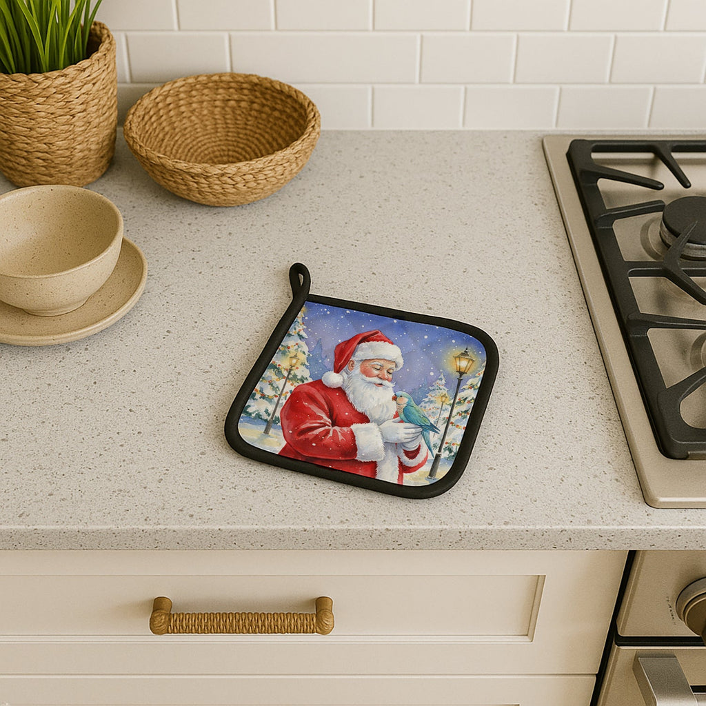 Blue Quaker with Santa Claus Pot Holder Set of 2 Heat Resistant Quilted Hot Pads 7.5 x 7.5 Inch, Insulated Kitchen Trivets for Cooking & Baking