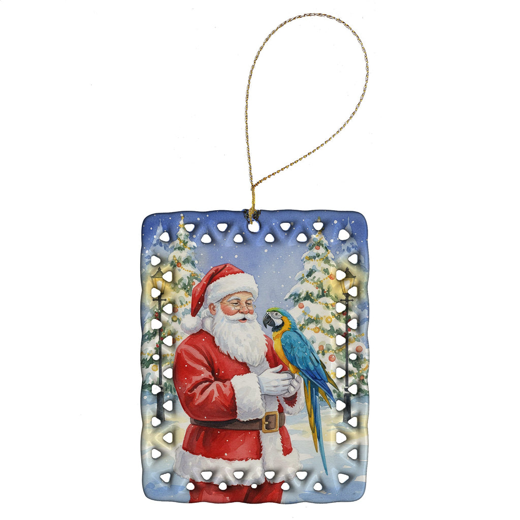 Blue and Gold Macaw Parrot with Santa Claus Porcelain Ornament Christmas Tree Hanging Decorations for Home Christmas Holiday, Rectangle, Gift, Multicolor