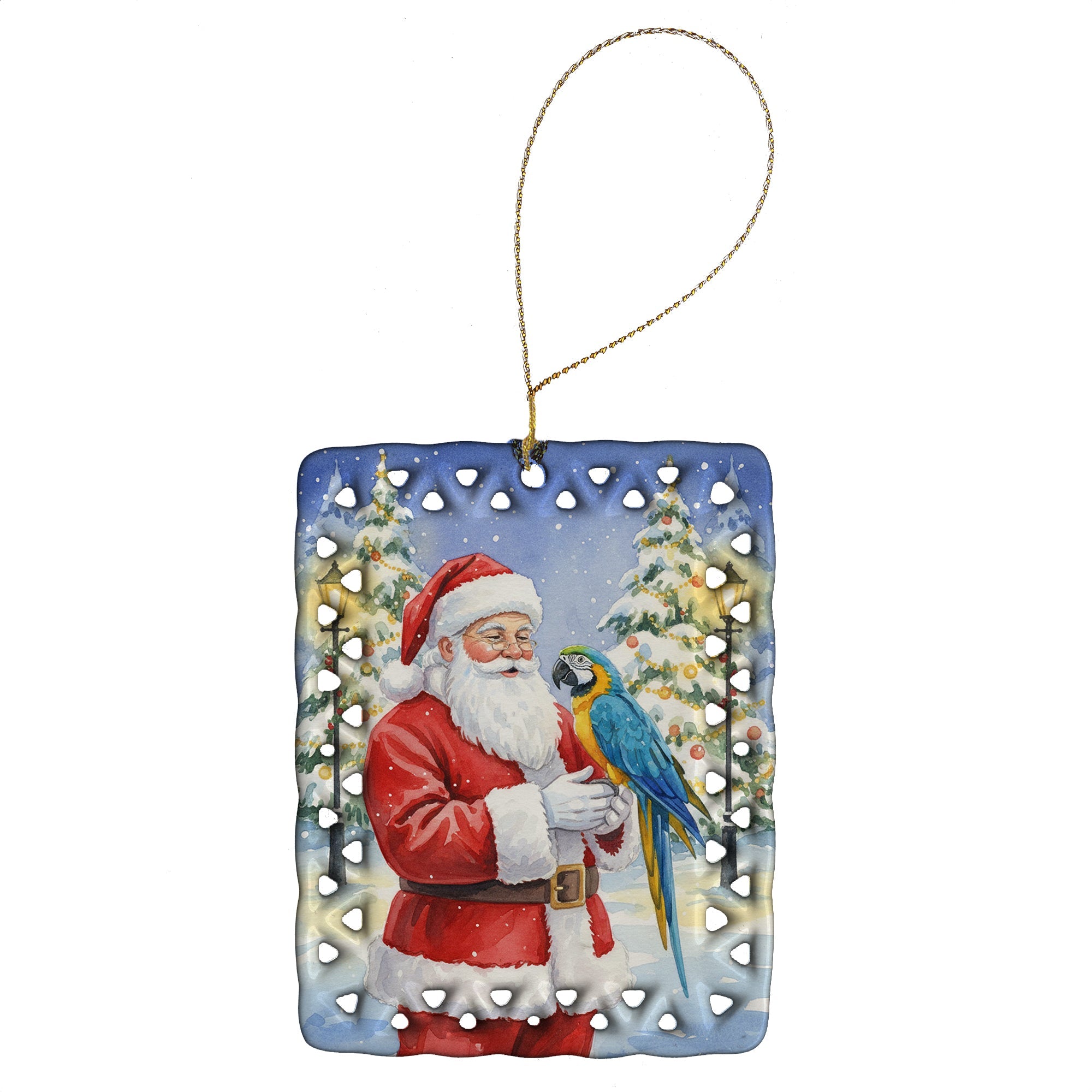 Blue and Gold Macaw Parrot with Santa Claus Porcelain Ornament Christmas Tree Hanging Decorations for Home Christmas Holiday, Rectangle, Gift, Multicolor