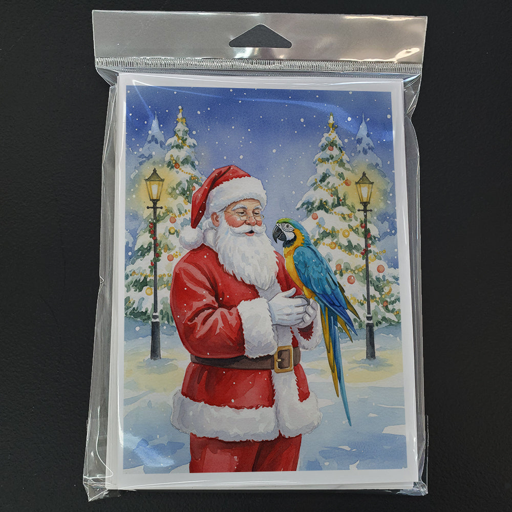 Blue and Gold Macaw Parrot with Santa Claus Greeting Cards Pack of 8 Blank Cards with Envelopes Whimsical A7 Size 5x7